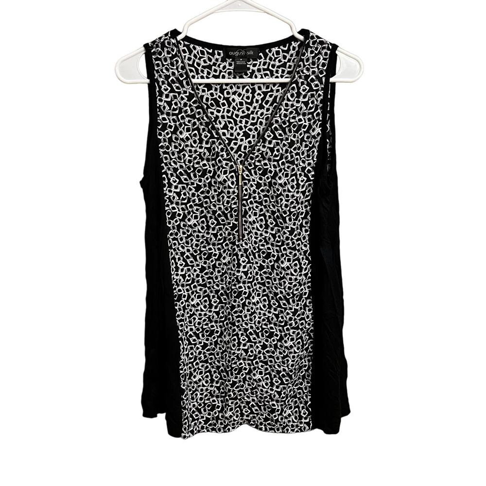 August Silk Zipper Front Geometric Black & White Tank Size Medium Lightweight